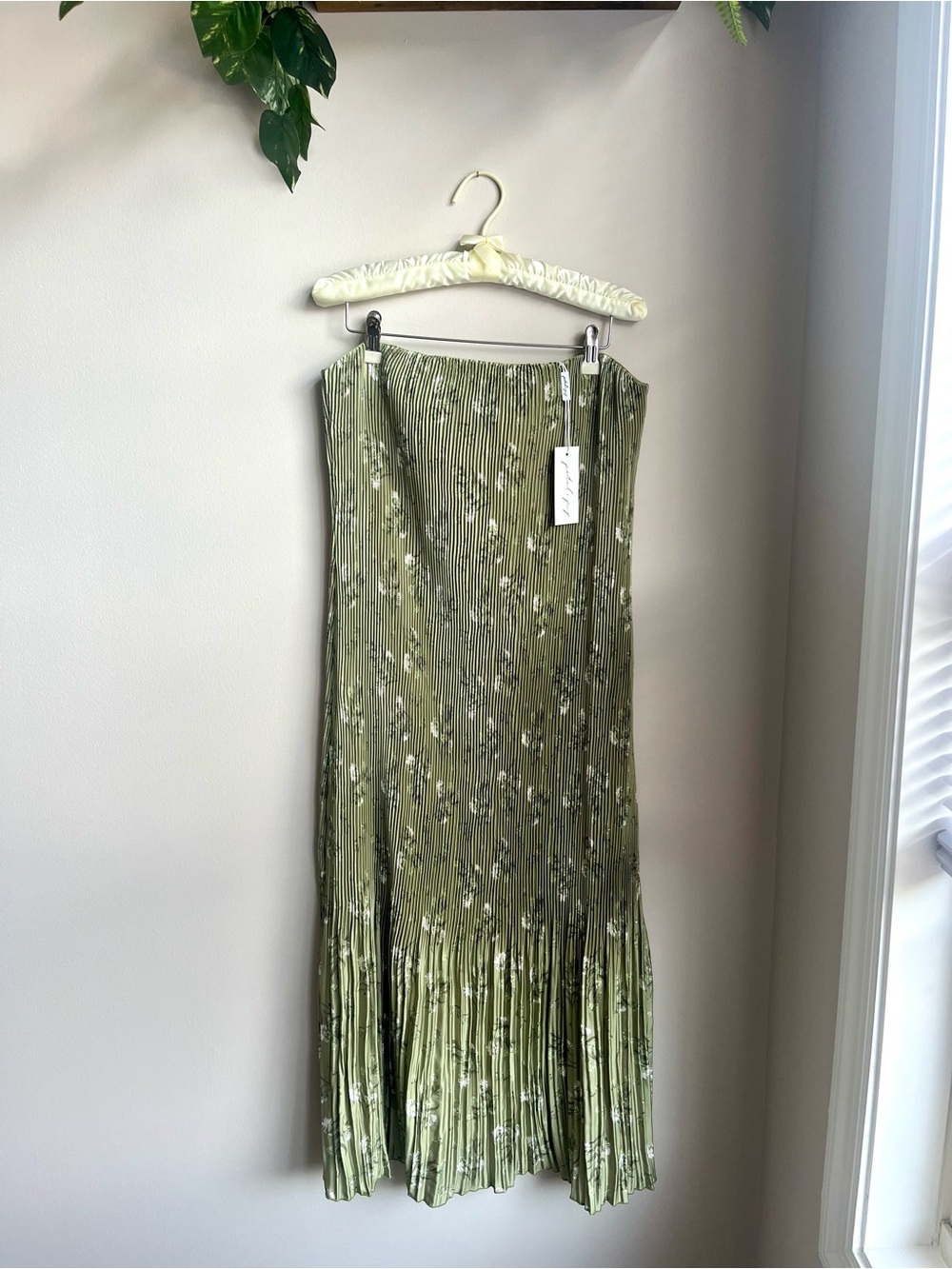 Petal & Pup Olive Green Floral Pleated Midi Dress with White Print